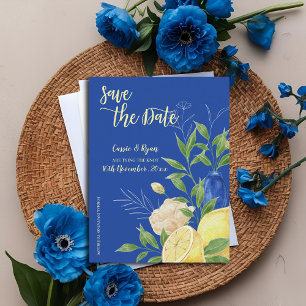 Elegantes Blue Flowers & Lemon Theme Save the Date Postkarte