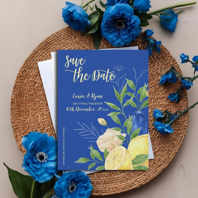 Elegantes Blue Flowers & Lemon Theme Save the Date Postkarte (Elegant Blue Flowers & Lemon Theme Save the Date Postcard)