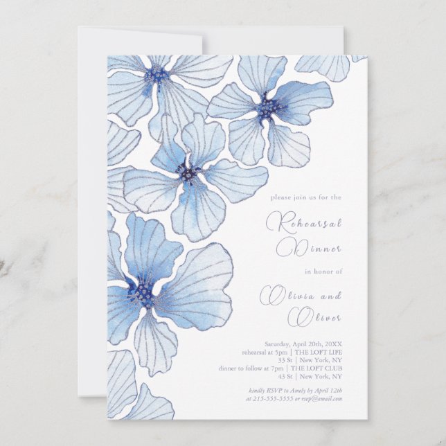 Elegantes Blue Flowers Probe Dinner Einladung (Vorderseite)