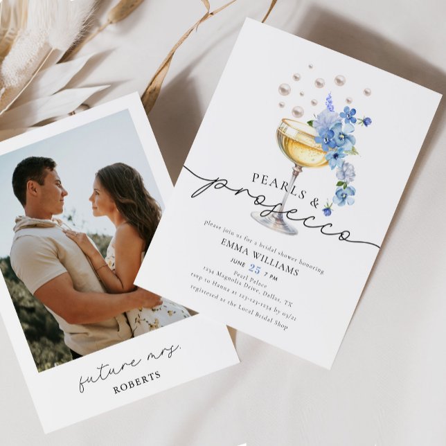 Elegantes Blue Foto Pearls & Prosecco Brautparty Einladung (Von Creator hochgeladen)