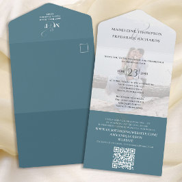 Elegantes Blue Foto QR Code Hochzeit All In One Einladung