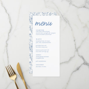 Elegantes Blue French Floral Baby Shower Menü Menükarte