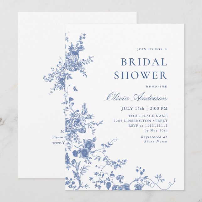 Elegantes Blue French Garden BRAUTPARTY Einladung (Vorne/Hinten)