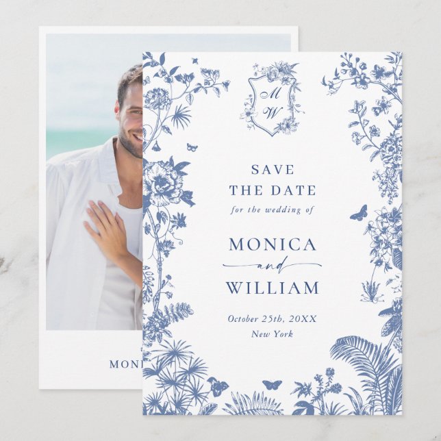 Elegantes Blue French Garden Floral Wedding Foto Save The Date (Vorne/Hinten)
