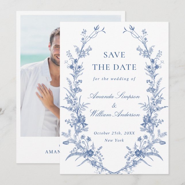 Elegantes Blue French Garden Floral Wedding Foto Save The Date (Vorne/Hinten)