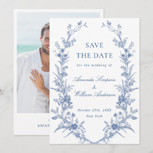 Elegantes Blue French Garden Floral Wedding Foto Save The Date