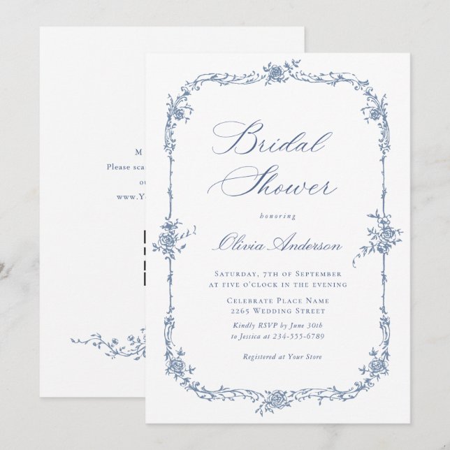 Elegantes Blue French Rose Brautparty Einladung (Vorne/Hinten)