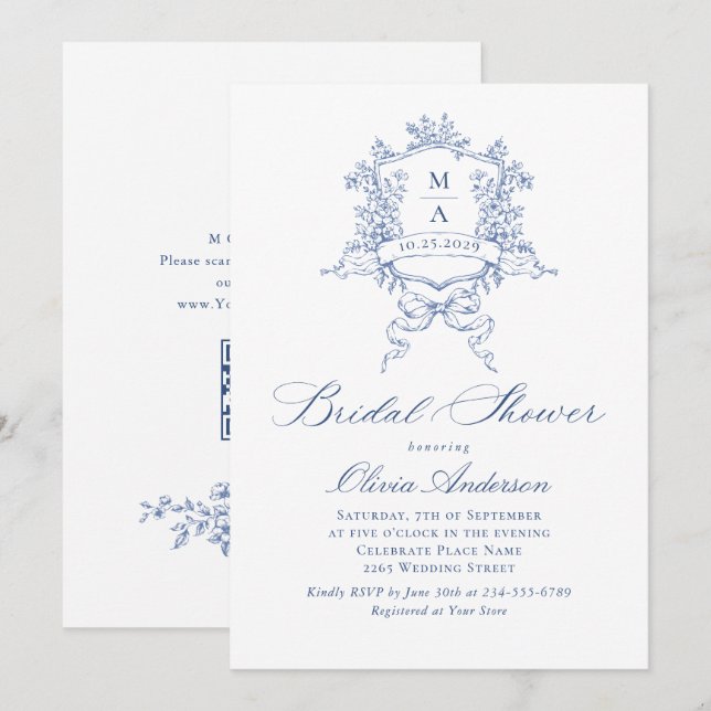 Elegantes Blue French Rose Brautparty Einladung (Vorne/Hinten)