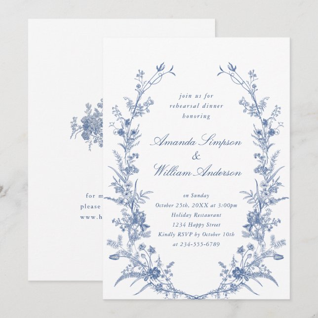 Elegantes Blue Garden Probe Abendessen Einladung (Vorne/Hinten)
