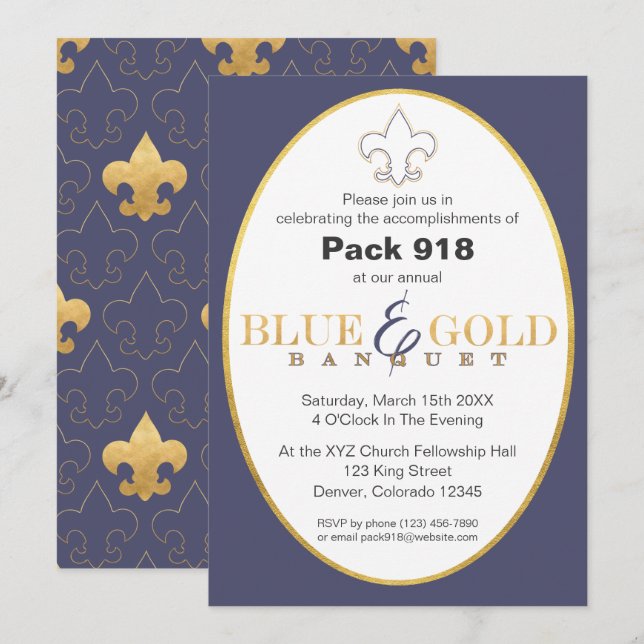 Elegantes Blue & Gold Banquet Einladung (Vorne/Hinten)