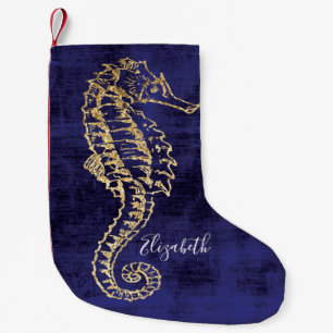 Elegantes Blue Gold Beach Sea Horse Kleiner Weihnachtsstrumpf