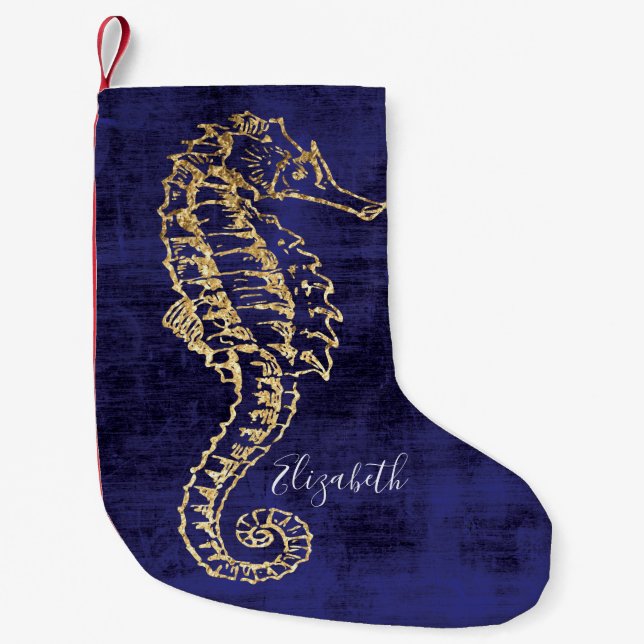 Elegantes Blue Gold Beach Sea Horse Kleiner Weihnachtsstrumpf (Vorderseite)