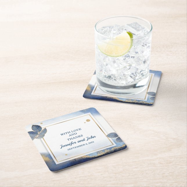 Elegantes Blue Gold Blätter Botanische Hochzeit Rechteckiger Pappuntersetzer (Vor Ort)