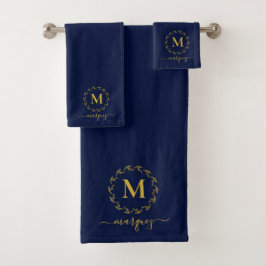 Elegantes Blue Gold Botanical Wreath Monogramm Badhandtuch Set