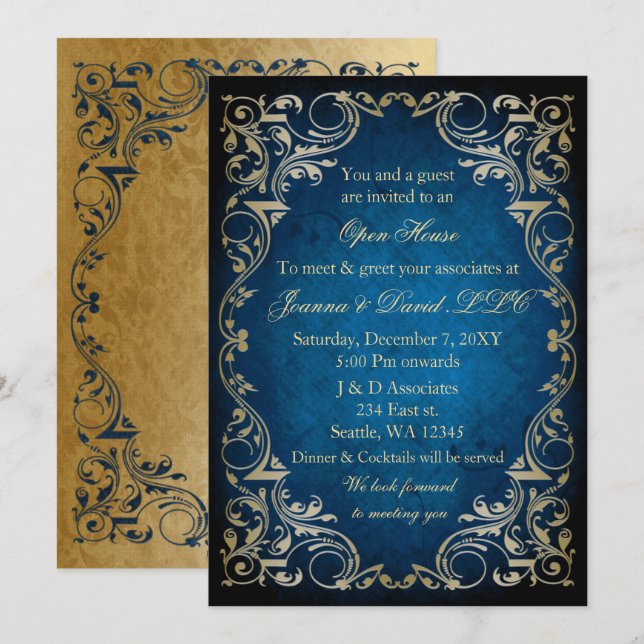 Elegantes Blue Gold Business Corporate Party Einladung (Vorne/Hinten)