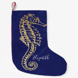 Elegantes Blue Gold Coastal Beach Sea Pferd Kleiner Weihnachtsstrumpf