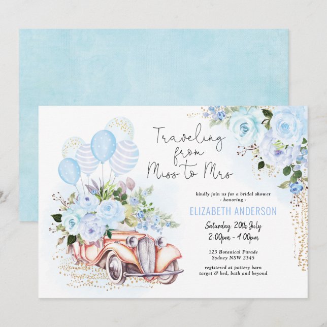 Elegantes Blue Gold Floral Brautparty Einladung (Vorne/Hinten)
