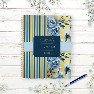Elegantes Blue Gold Floral Stripe Journal-Notebook Notizblock