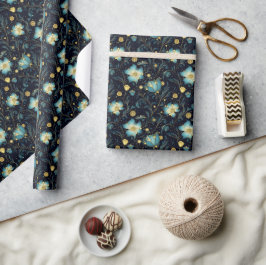 Elegantes Blue & Gold Floral Weihnachten Geschenkpapier