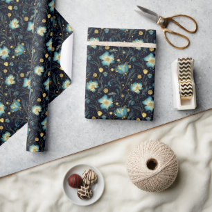 Elegantes Blue & Gold Floral Weihnachten Geschenkpapier