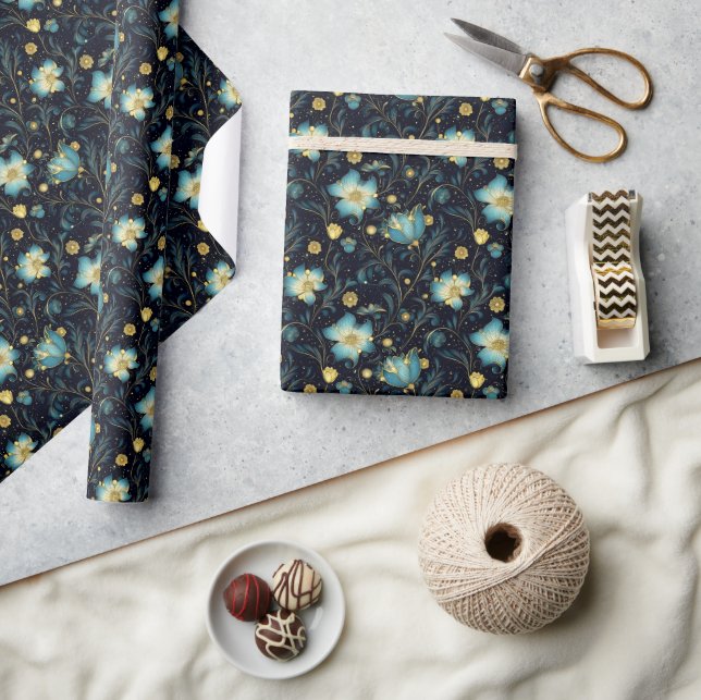 Elegantes Blue & Gold Floral Weihnachten Geschenkpapier (Kunsthandwerk)