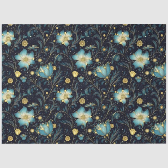 Elegantes Blue & Gold Floral Weihnachtsdekoupage Seidenpapier (Vorderseite)