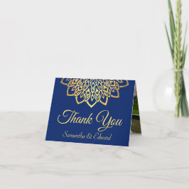 Elegantes Blue Gold Foto Hochzeit Dankeskarte