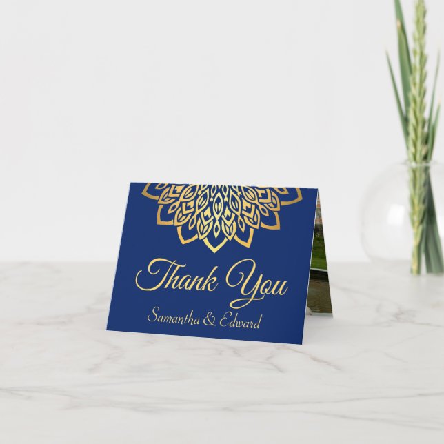 Elegantes Blue Gold Foto Hochzeit Dankeskarte (Vorderseite)
