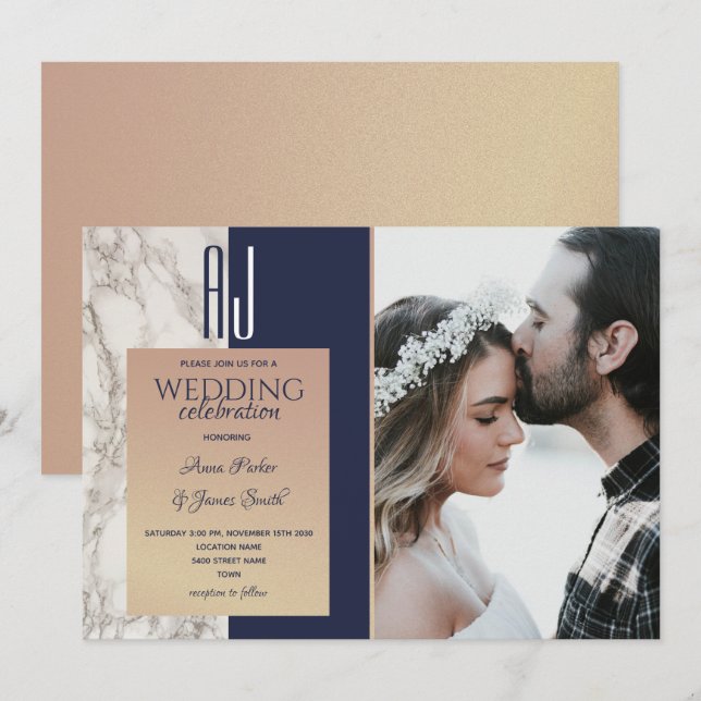 Elegantes Blue Gold Foto Hochzeit Einladung (Vorne/Hinten)