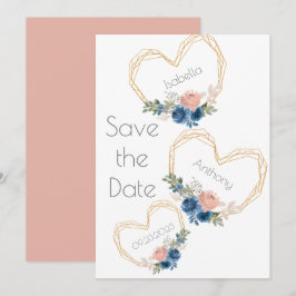Elegantes Blue Gold Heart Blumenbezeichnungen Hoch Save The Date