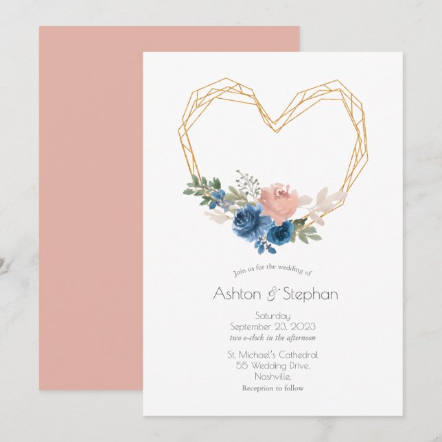 Elegantes Blue Gold Heart Floral Wedding Einladung (Vorne/Hinten)