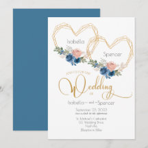 Elegantes Blue Gold Heart Floral Wedding Einladung