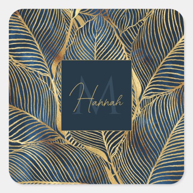 Elegantes Blue Gold Leaf Design Quadratischer Aufkleber (Vorderseite)