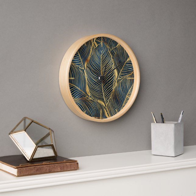 Elegantes Blue Gold Leaf Design Uhr (Büro)