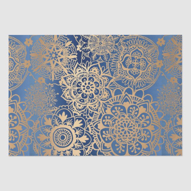 Elegantes Blue Gold Mandala Muster Seidenpapier (Vorderseite)