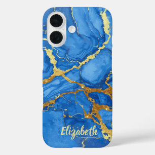 Elegantes Blue & Gold Marble iPhone 16 Hülle