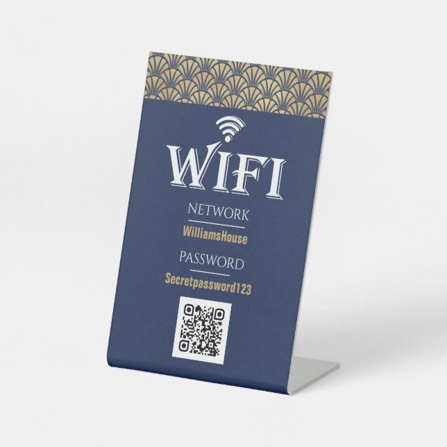Elegantes Blue Gold QR Code Wifi Password Network Sockelschild (Vorderseite)