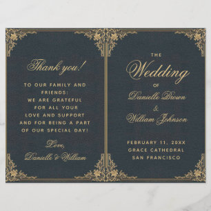 Elegantes Blue Gold Vintag Folded Wedding Programm