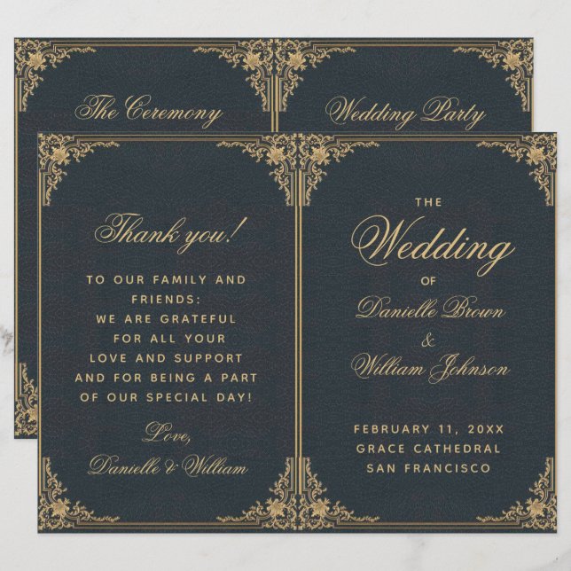 Elegantes Blue Gold Vintag Folded Wedding Programm (Vorne/Hinten)