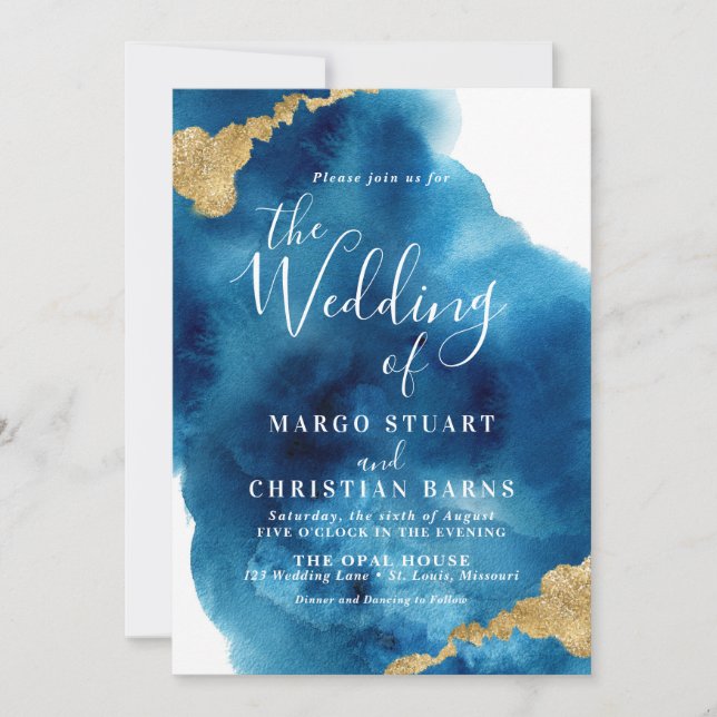 Elegantes Blue & Gold Watercolor Einladung zur Hoc (Vorderseite)