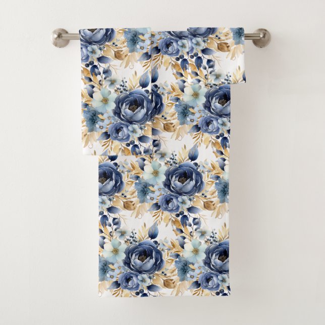 Elegantes Blue Gold Weiße Rose Handtuch Set (Insitu)
