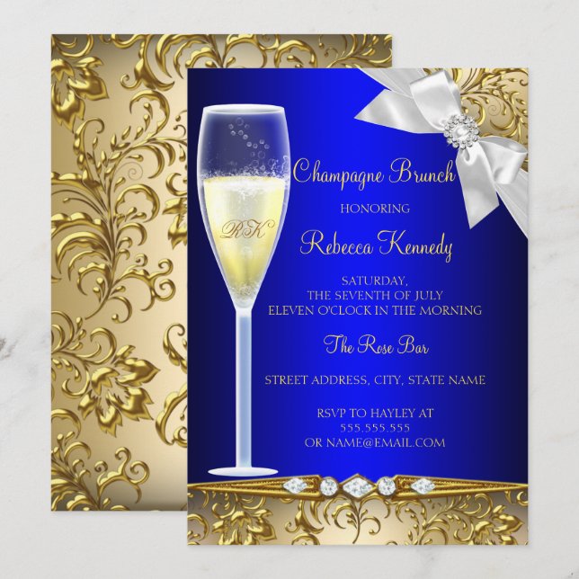 Elegantes Blue Gold Weißer Champagner Brunch Einla Einladung (Vorne/Hinten)