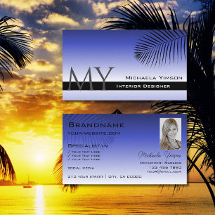 Elegantes Blue Gradient Palm Leaf Monogramm und Fo Visitenkarte