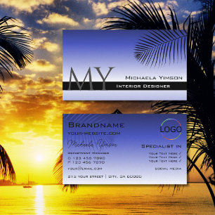 Elegantes Blue Gradient Palm Leaf Monogramm und Lo Visitenkarte