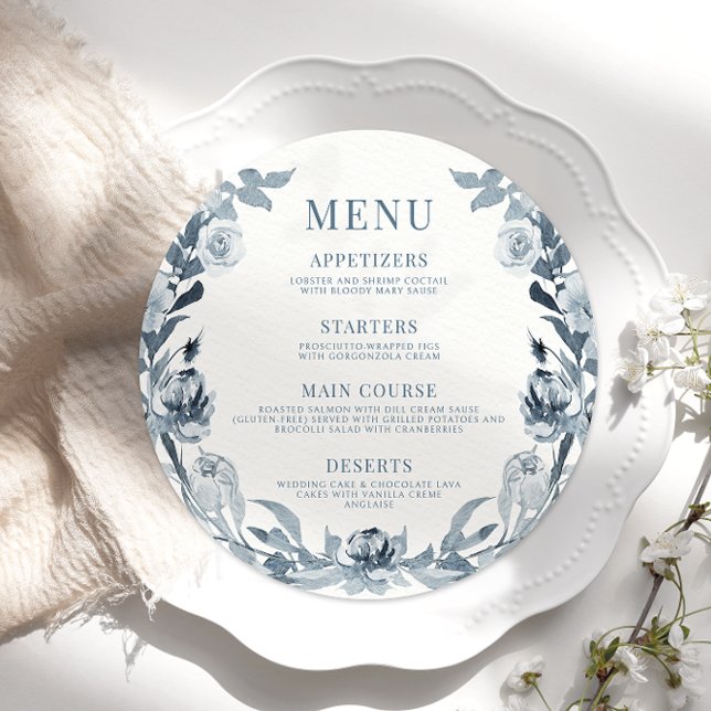 Elegantes Blue Gray Floral Wedding Round Flat Menu Menükarte (Von Creator hochgeladen)