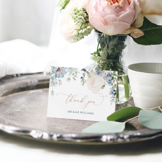 Elegantes Blue Hidrangea & Rose Hochzeit Dankeskarte (Von Creator hochgeladen)