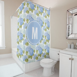 Elegantes Blue Hydragea Blume Muster Monogramm Duschvorhang