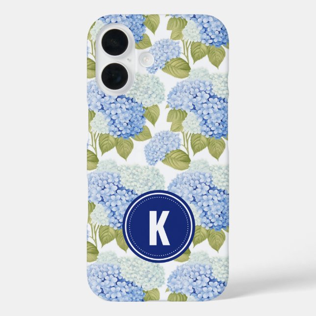 Elegantes Blue Hydragea Blume Muster Monogramm iPhone 16 Hülle (Rückseite)