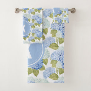 Elegantes Blue Hydrangea Blume Muster Monogramm Badhandtuch Set