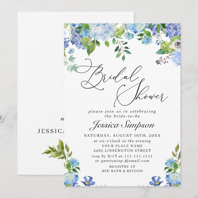 Elegantes Blue Hydrangea Brautparty Einladung (Vorne/Hinten)